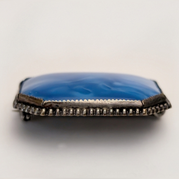 Vintage Marbled Blue Art Glass Cabochon Brooch Simple Silver Tone Setting Czech? - Picture 9 of 13